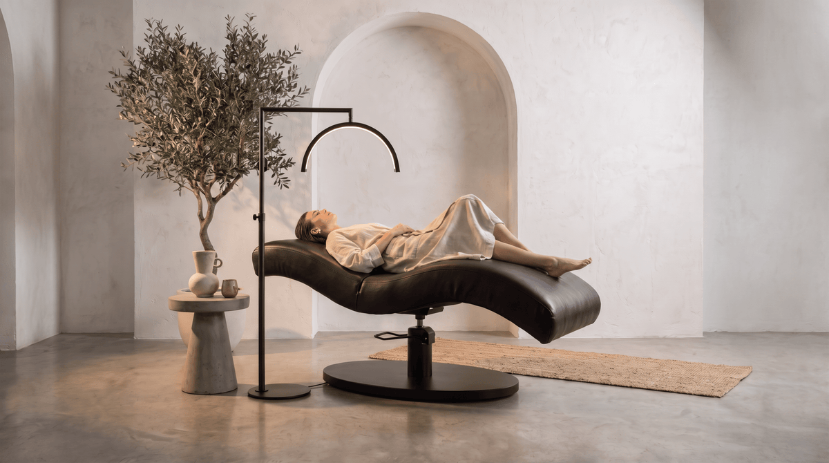 Vera Sleek 360® Curved Beauty Bed with Swivel (Matte Black) - Plush + Oak