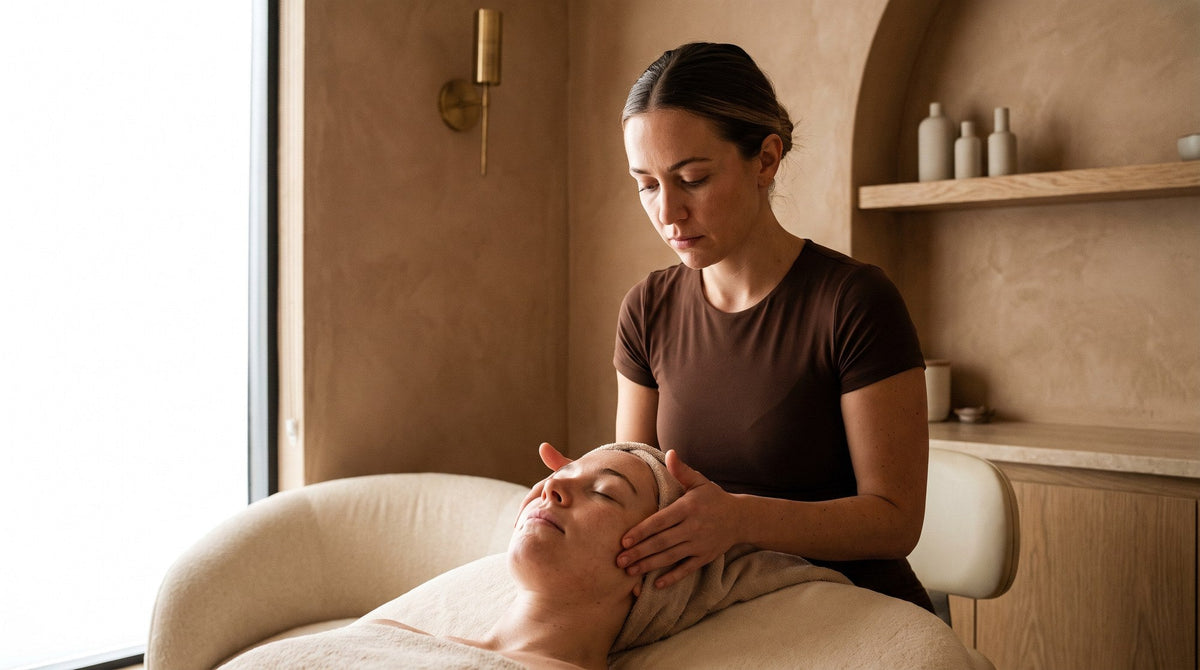 An esthetician leaning over a client during a facial, her face absorbed in concentration while the client lies with her eyes closed.